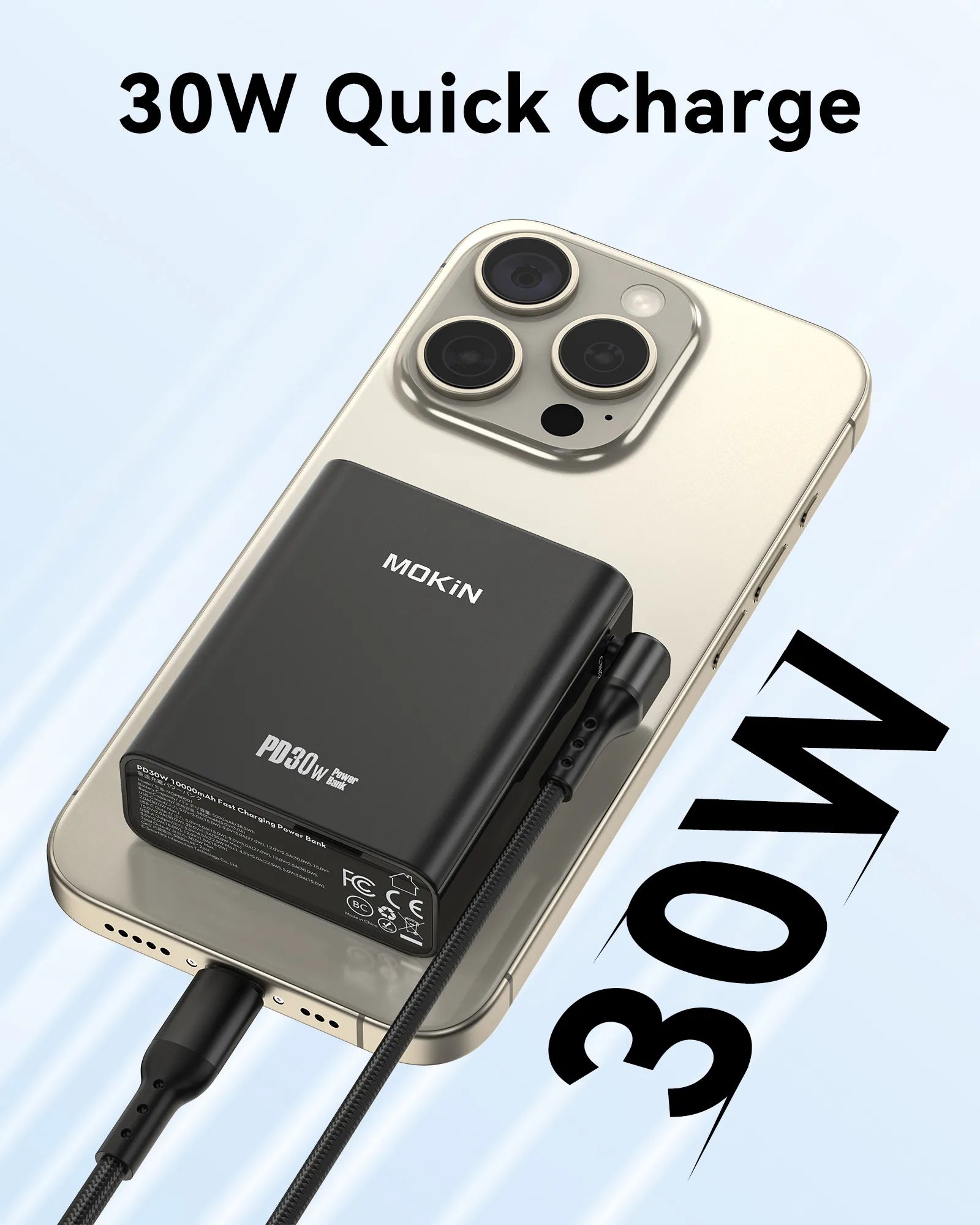 MOKiN 10000mAh 30W fast charging portable power bank, slim black design