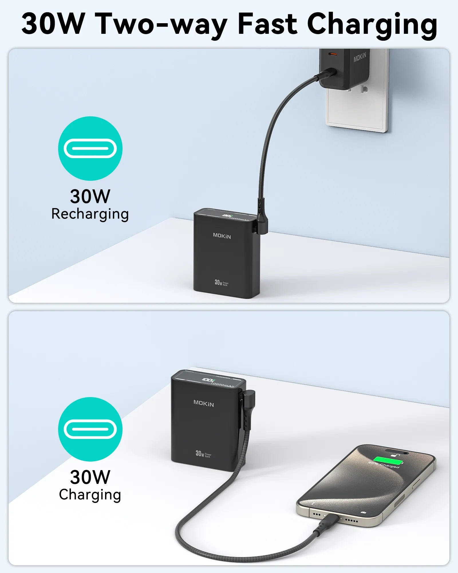 MOKiN 10000mAh 30W fast charging portable power bank in slim white design