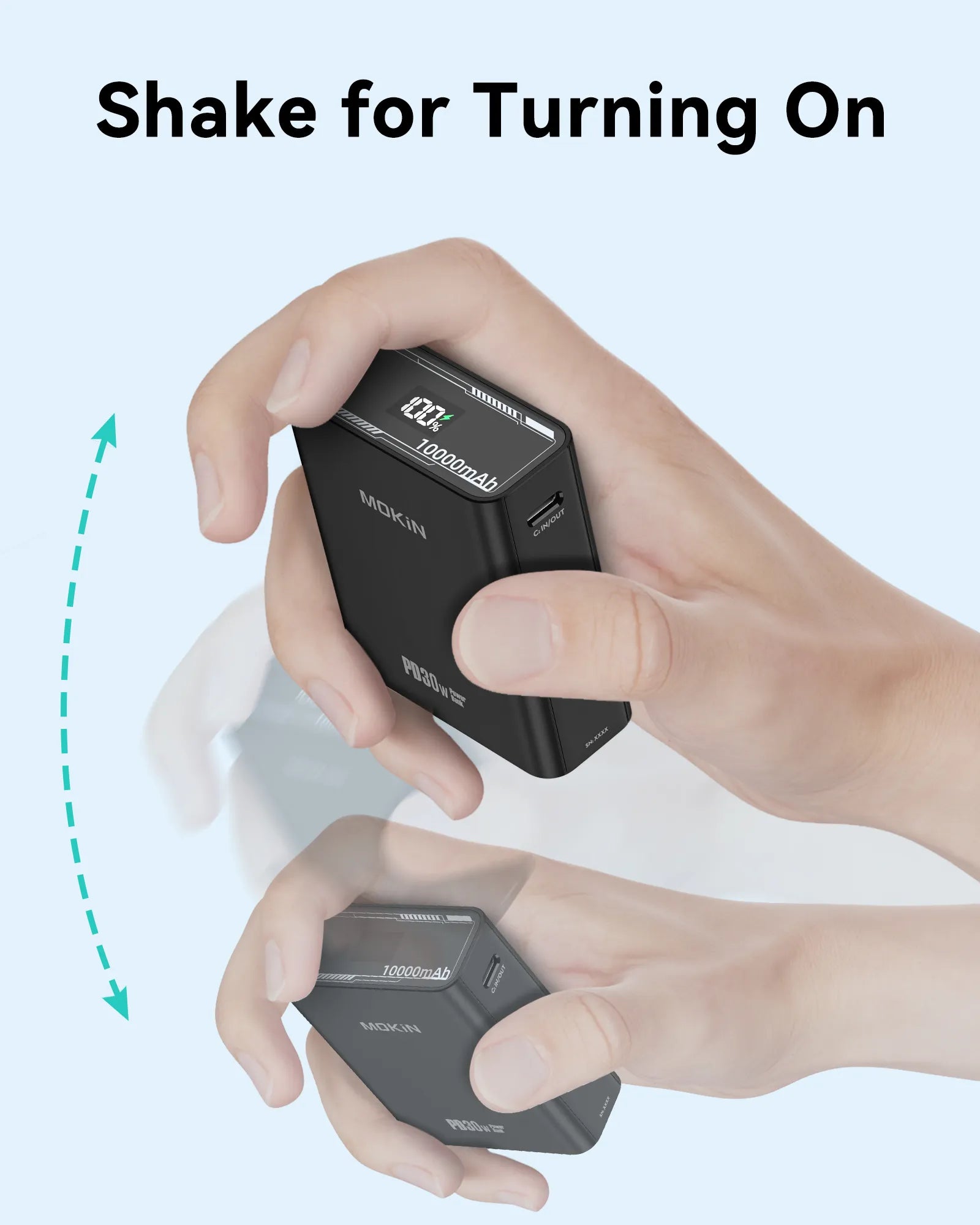 MOKiN 10000mAh portable power bank with 30W fast charging, slim black design