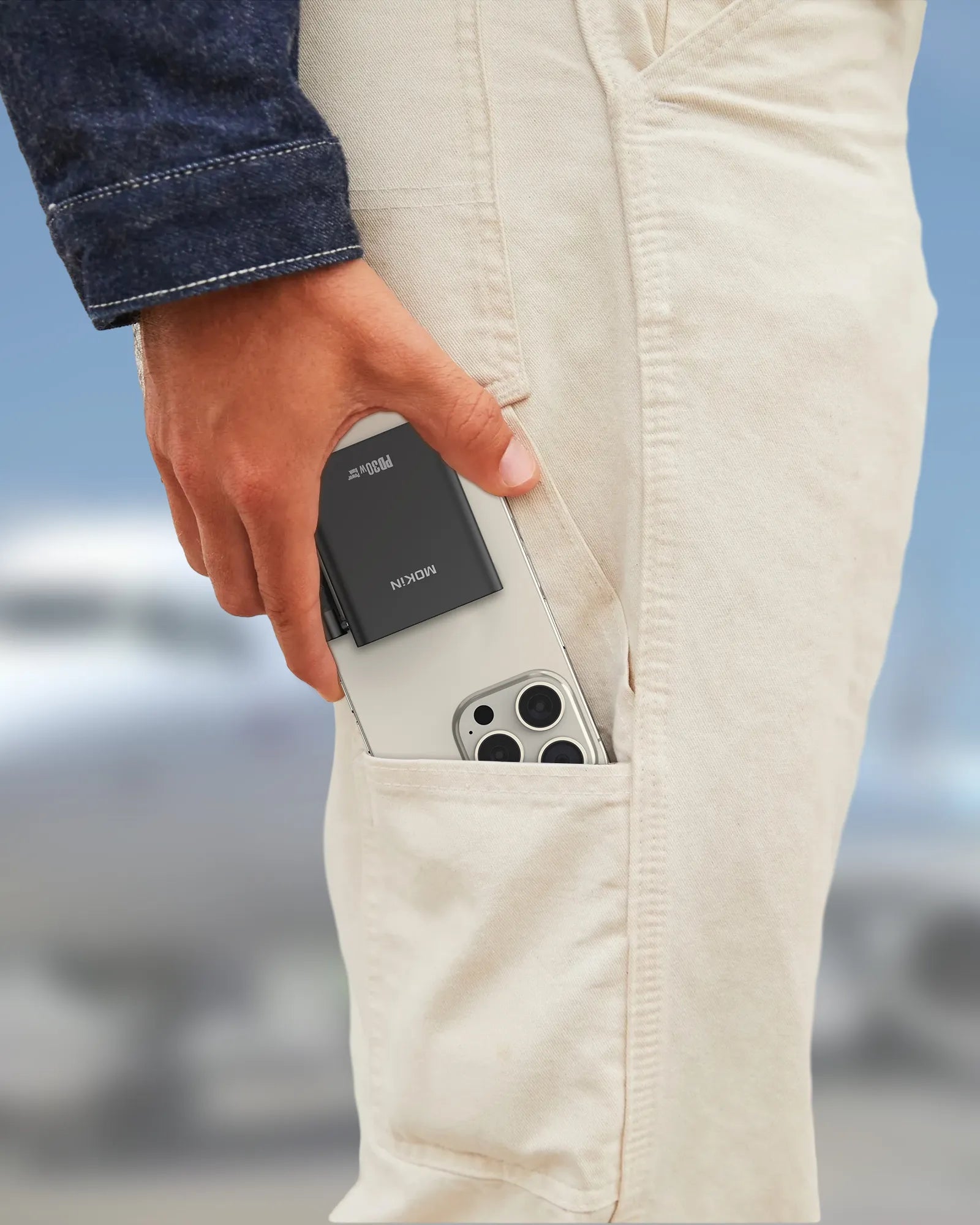 MOKiN 10000mAh 30W fast charging portable power bank, slim light gray design