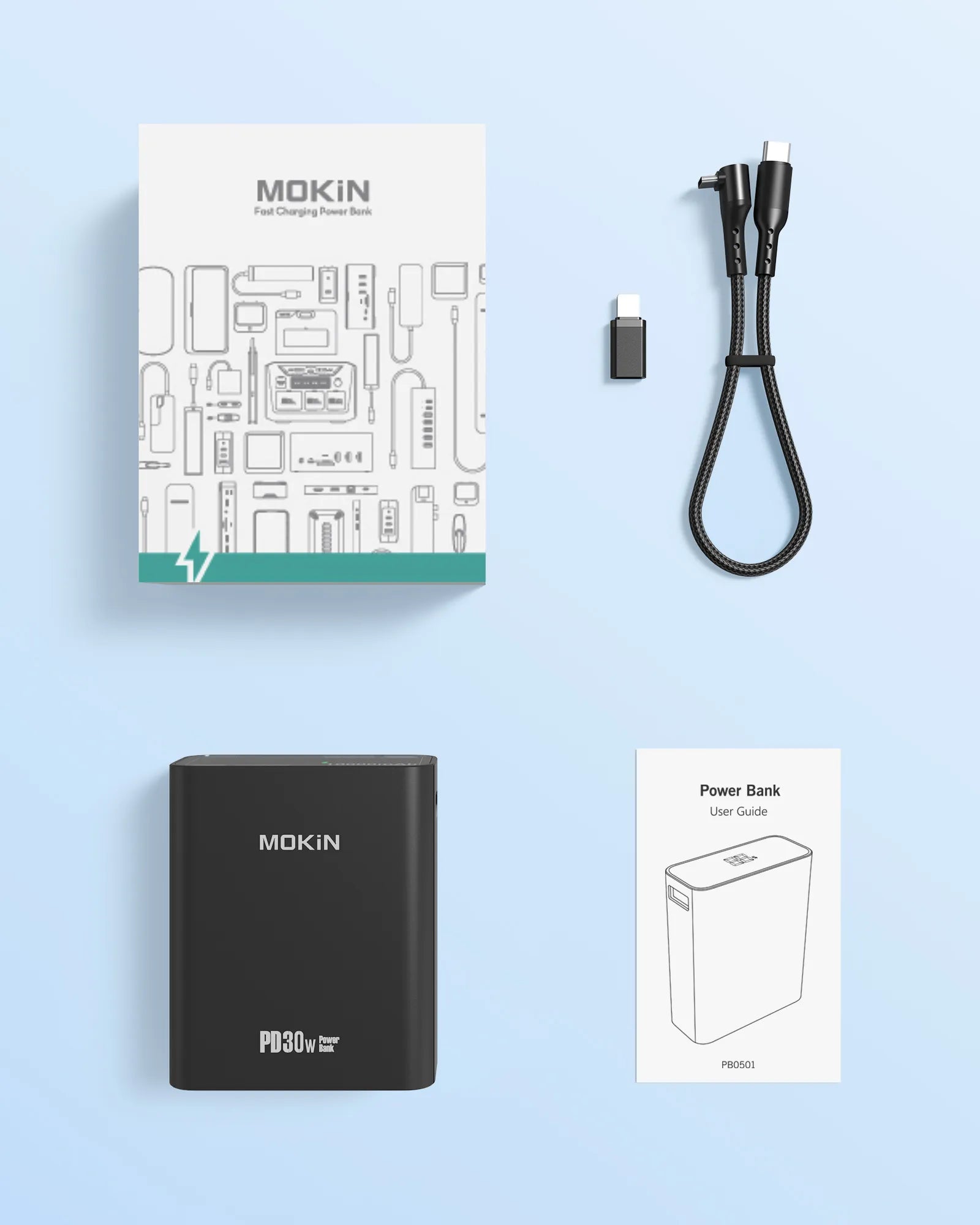 MOKiN 10000mAh 30W fast charging portable power bank in slim black design
