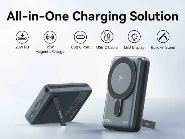 MOKiN 10000mAh Magnetic Power Bank with 15W Qi2 Wireless Charging, Built-in USB-C Cable for iPhone