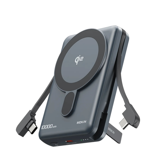 MOKiN 10000mAh Magnetic Power Bank with 15W Qi2 Wireless Charging, Built-in USB-C Cable for iPhone