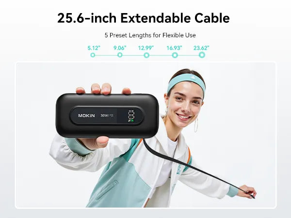 Power bank with 25.6-inch extendable cable