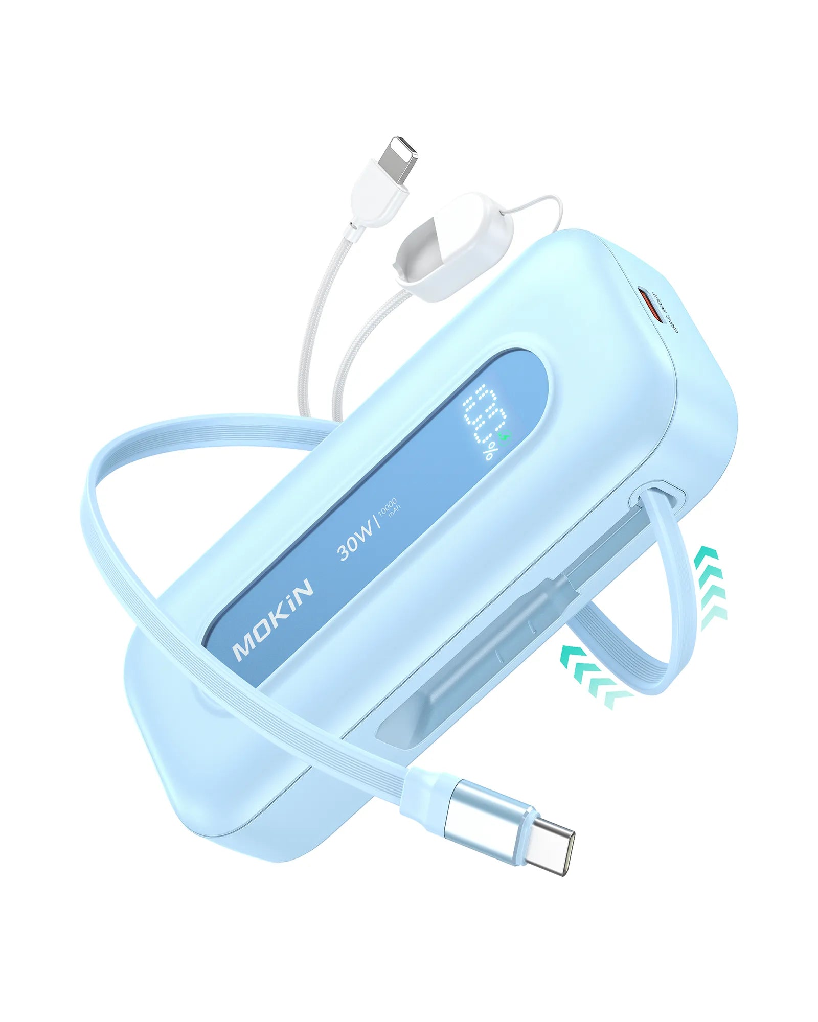 MOKiN 30W Portable Power Bank with 24 inch Retractable USB C Cables(10000mAh)