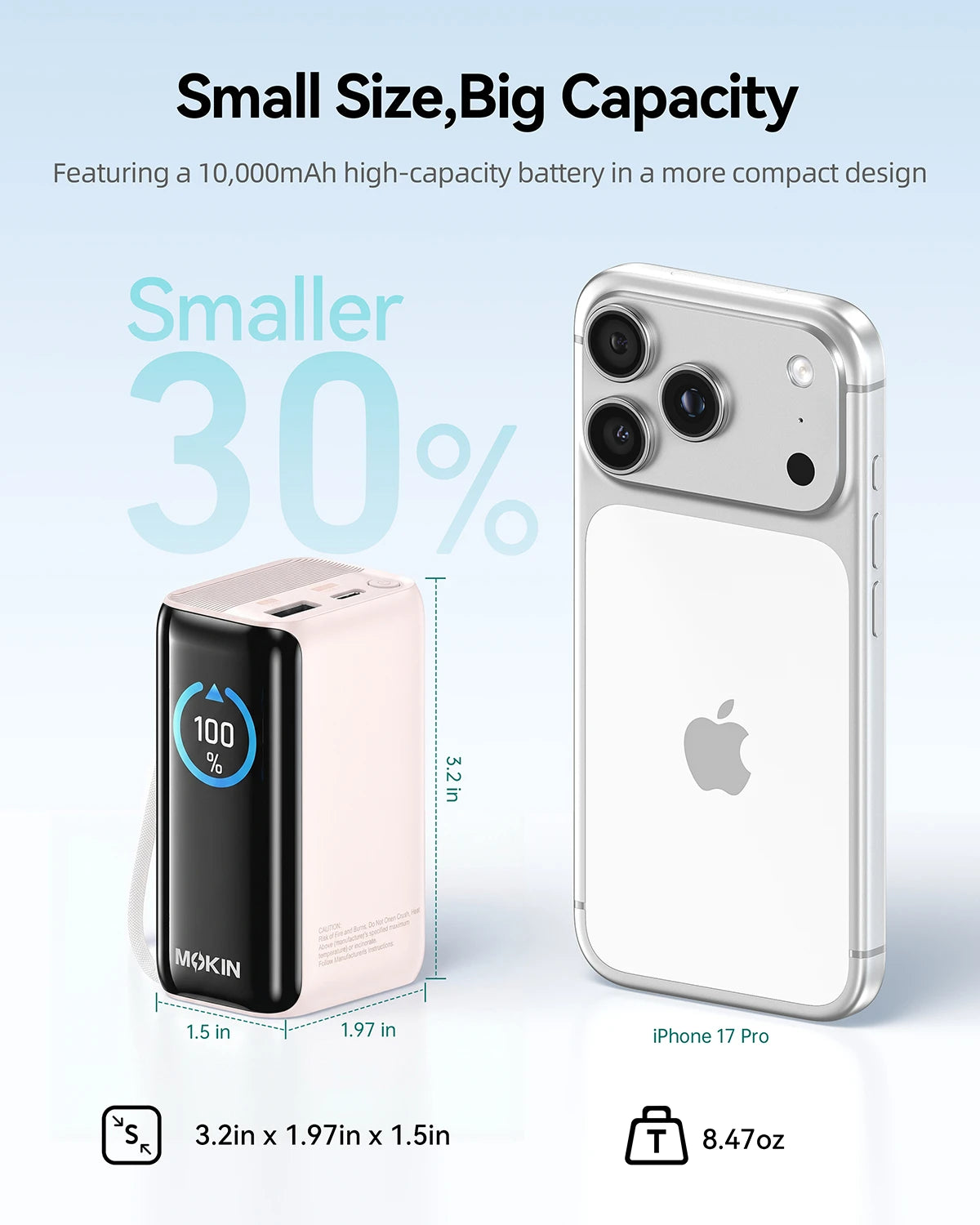 Pink MOKiN 45W 10000mAh portable charger with retractable cable and digital display
