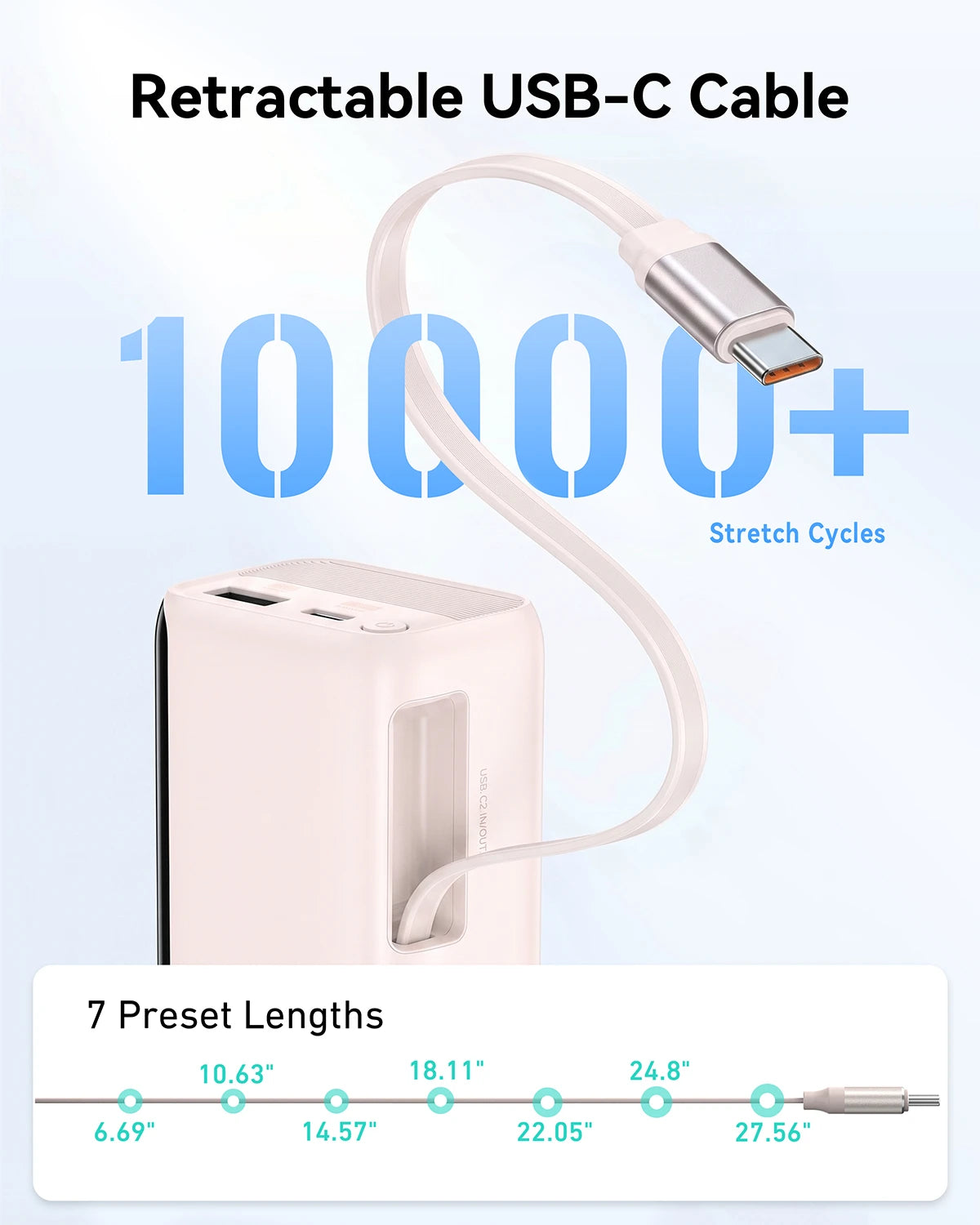 Pink 10000mAh portable charger with retractable cable and LED battery display