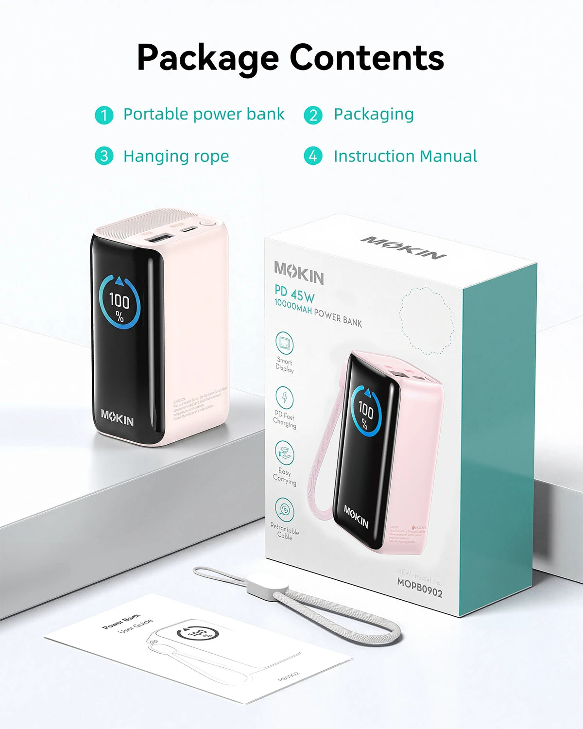 Pink 45W 10000mAh portable charger with retractable cable and digital display