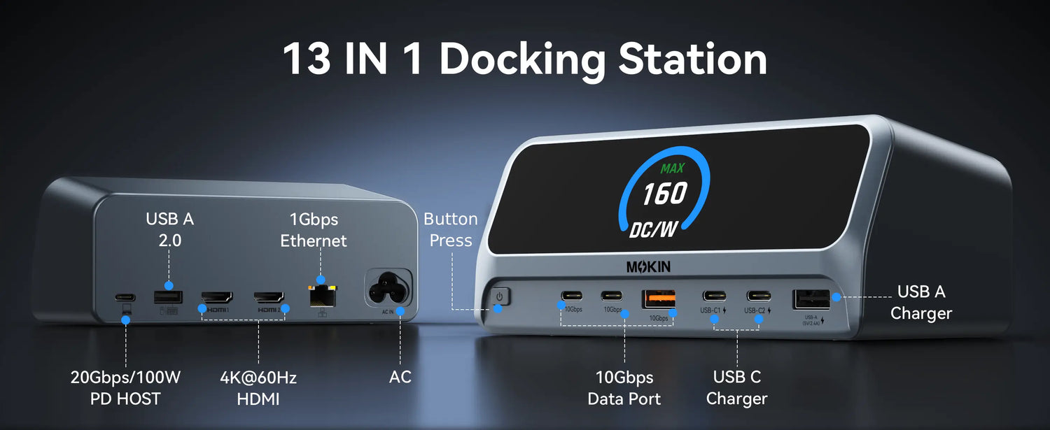MOKiN 13-IN-1 160W USB-C Laptop Charging Station with 2.26-inch LCD Smart Display