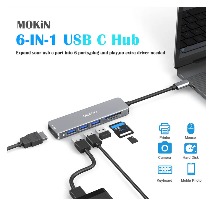 Mokin 6 IN 1 USB C Hub HDMI Adapter(4K 60Hz)