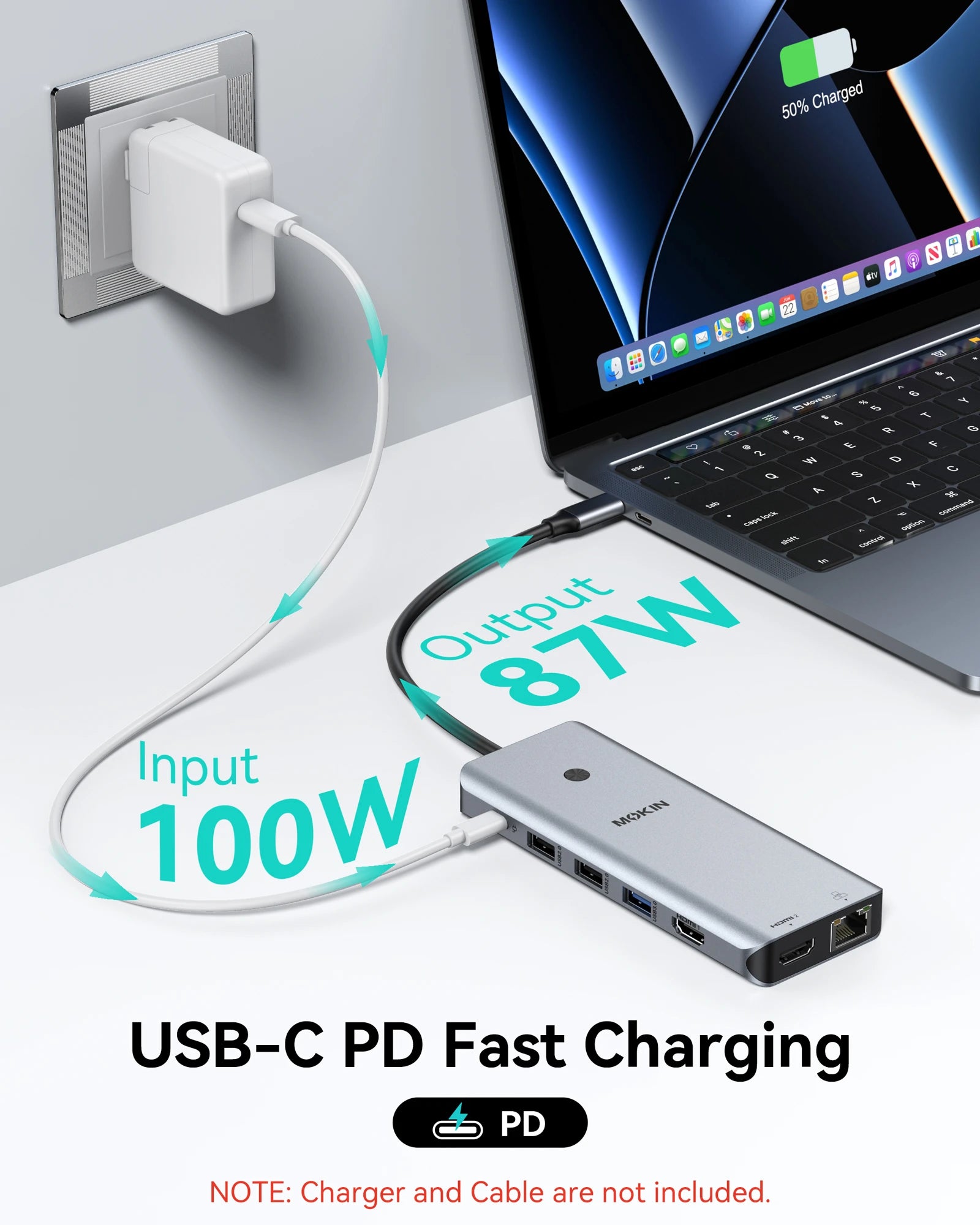 MOKiN 13-in-1 docking station in dark gray metal housing with USB ports for dual monitors