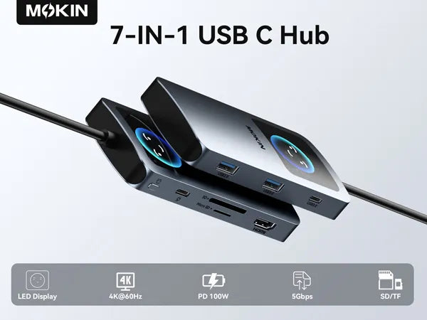 MOKiN 7-in-1 USB C Hub with Smart LED Display & PD 100W