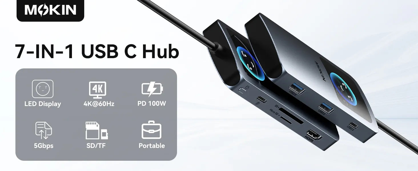 MOKiN 7-in-1 USB C Hub with Smart LED Display & PD 100W
