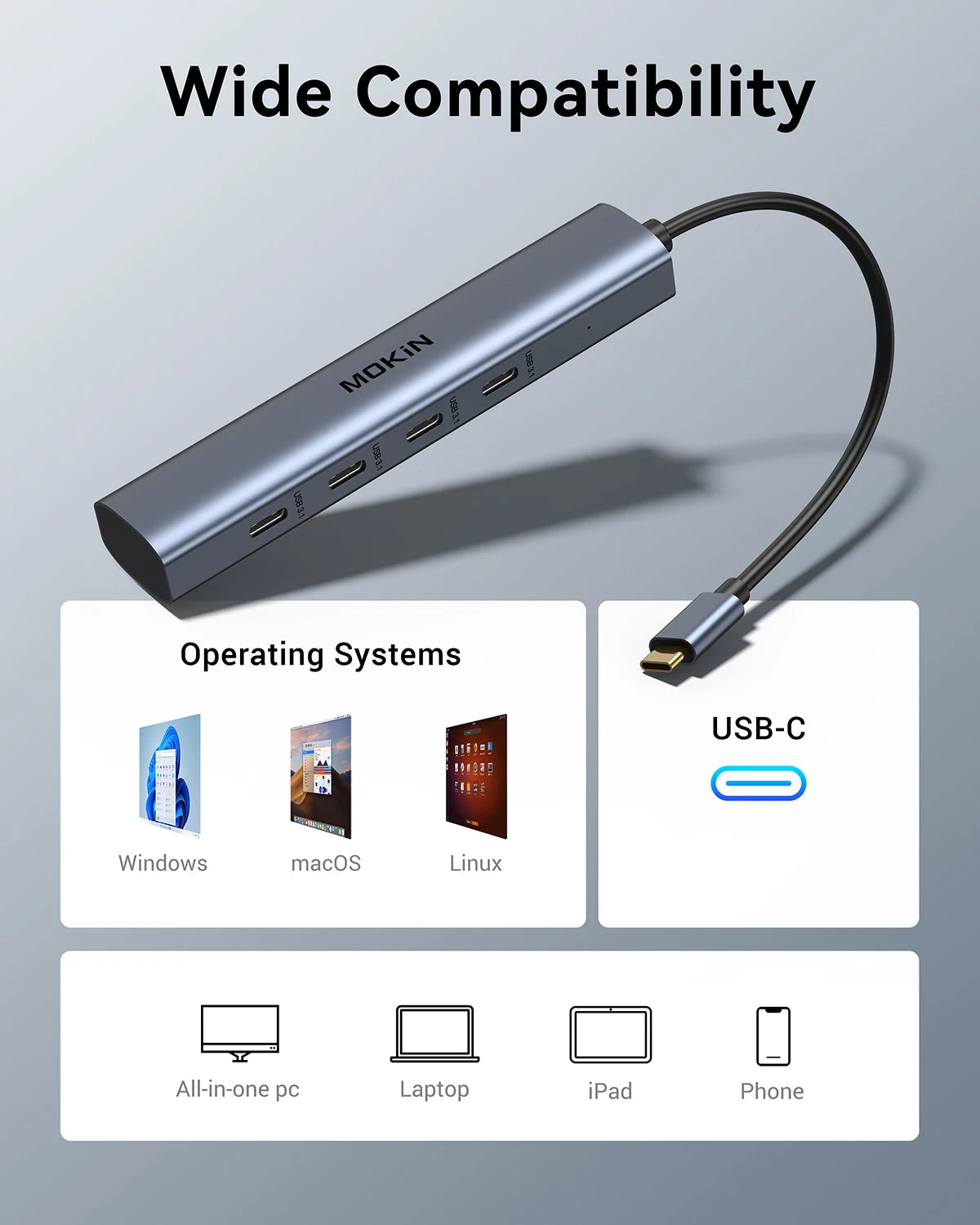 MOKiN USB-C Hub With 10Gbps 4 Ports For Laptop