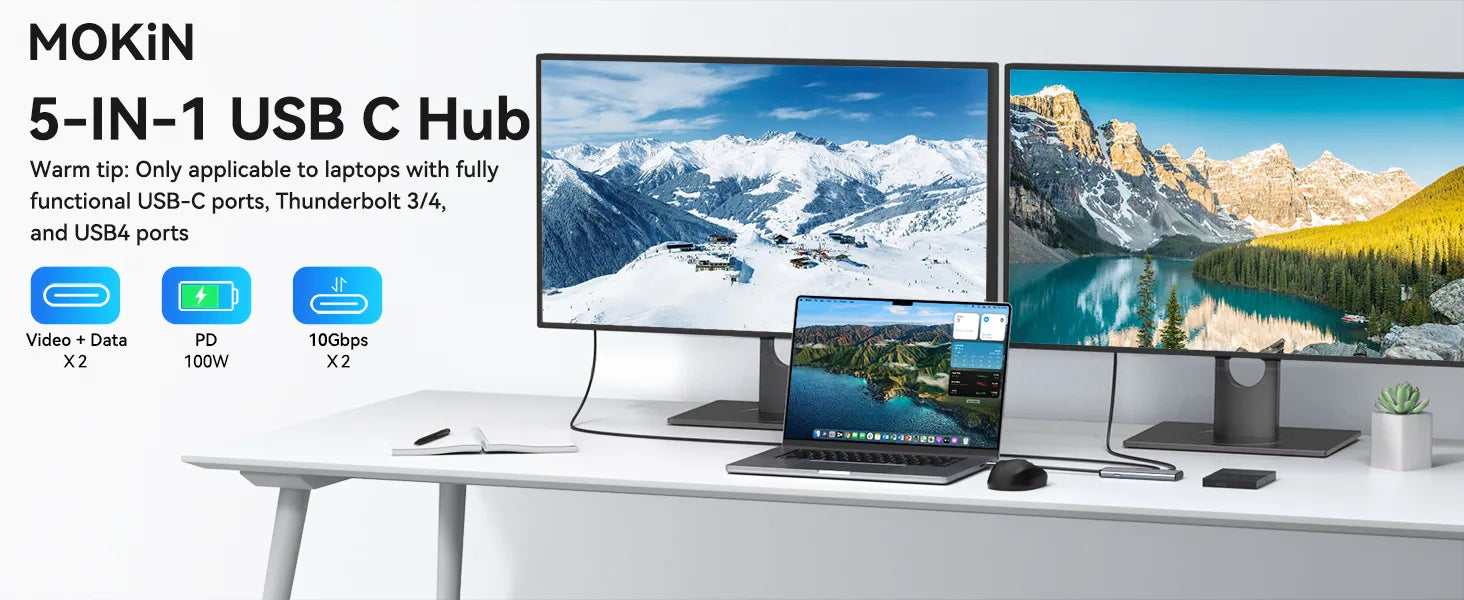 MOKiN 5 IN 1 USB C to USB C Hub Dual Monitor for Laptop