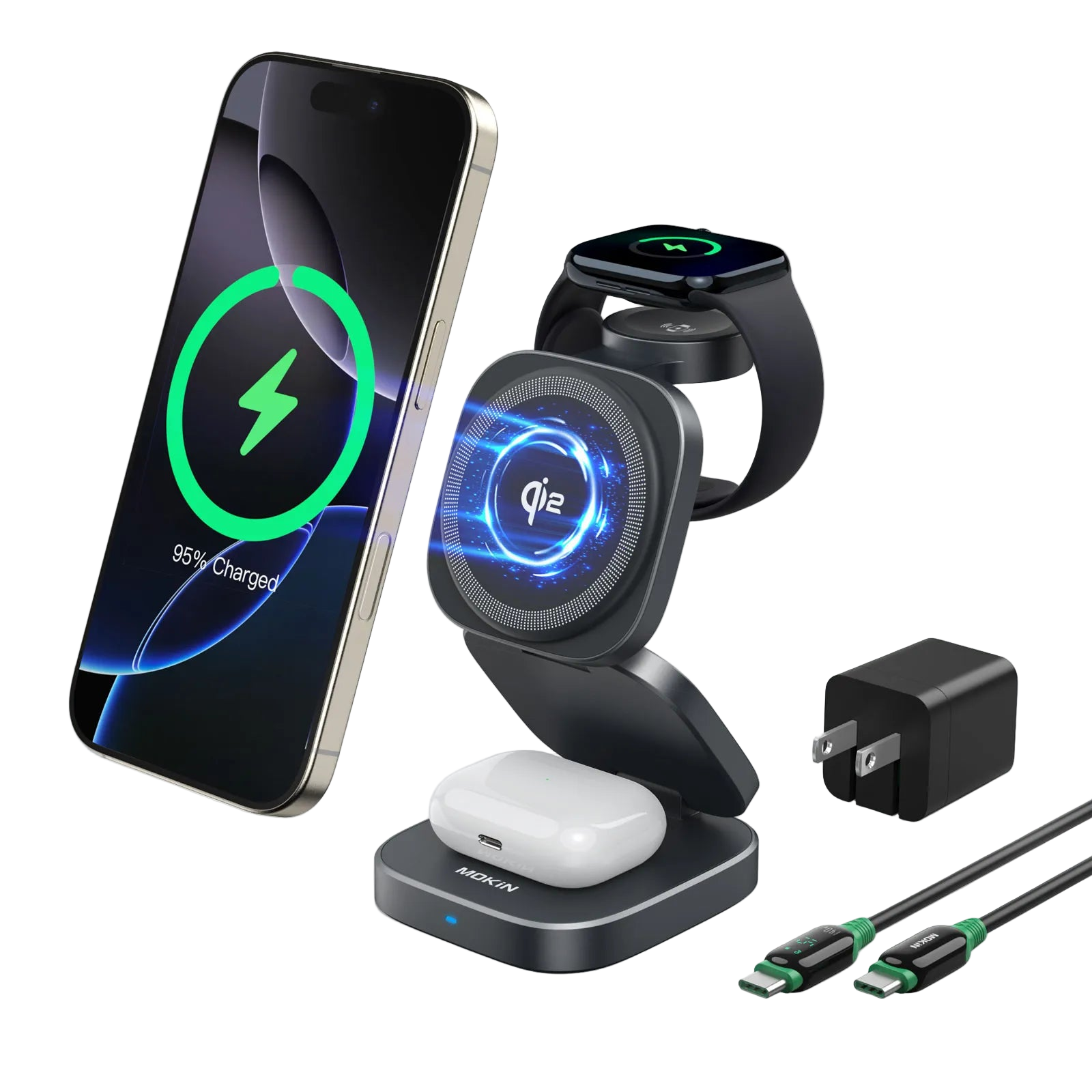 MOKiN Foldable 3-in-1 Qi2 Magnetic Wireless Charger for iPhone
