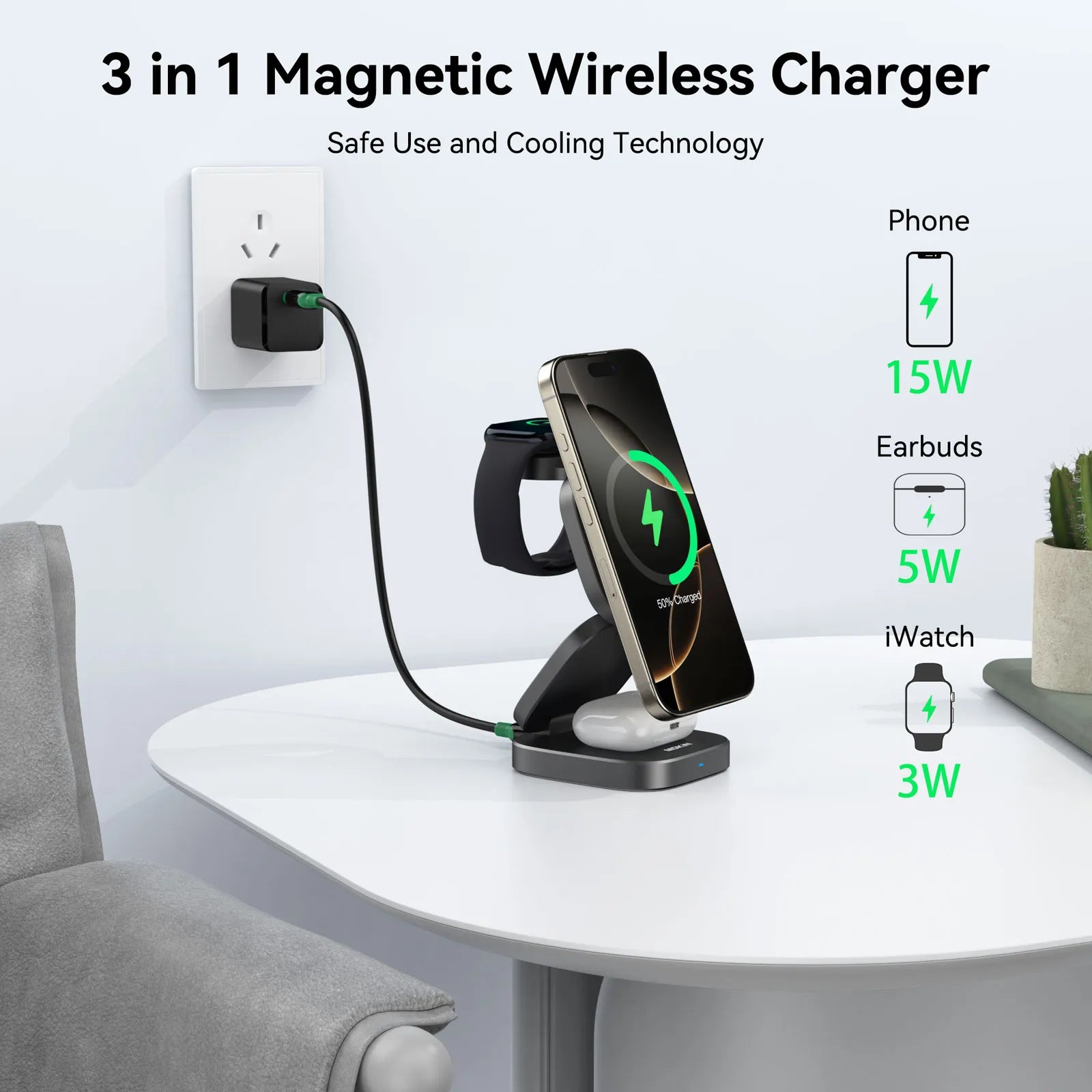MOKiN Foldable 3-in-1 Qi2 Magnetic Wireless Charger for iPhone
