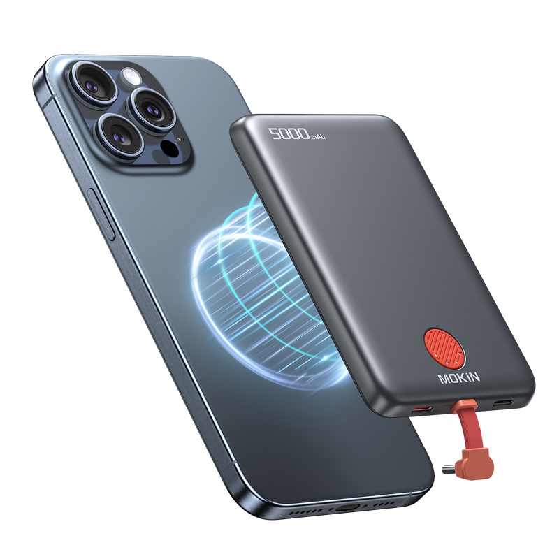 MOKiN Slim Magnetic Portable Power Bank with Built-in C Cable | 5000mAh  20W