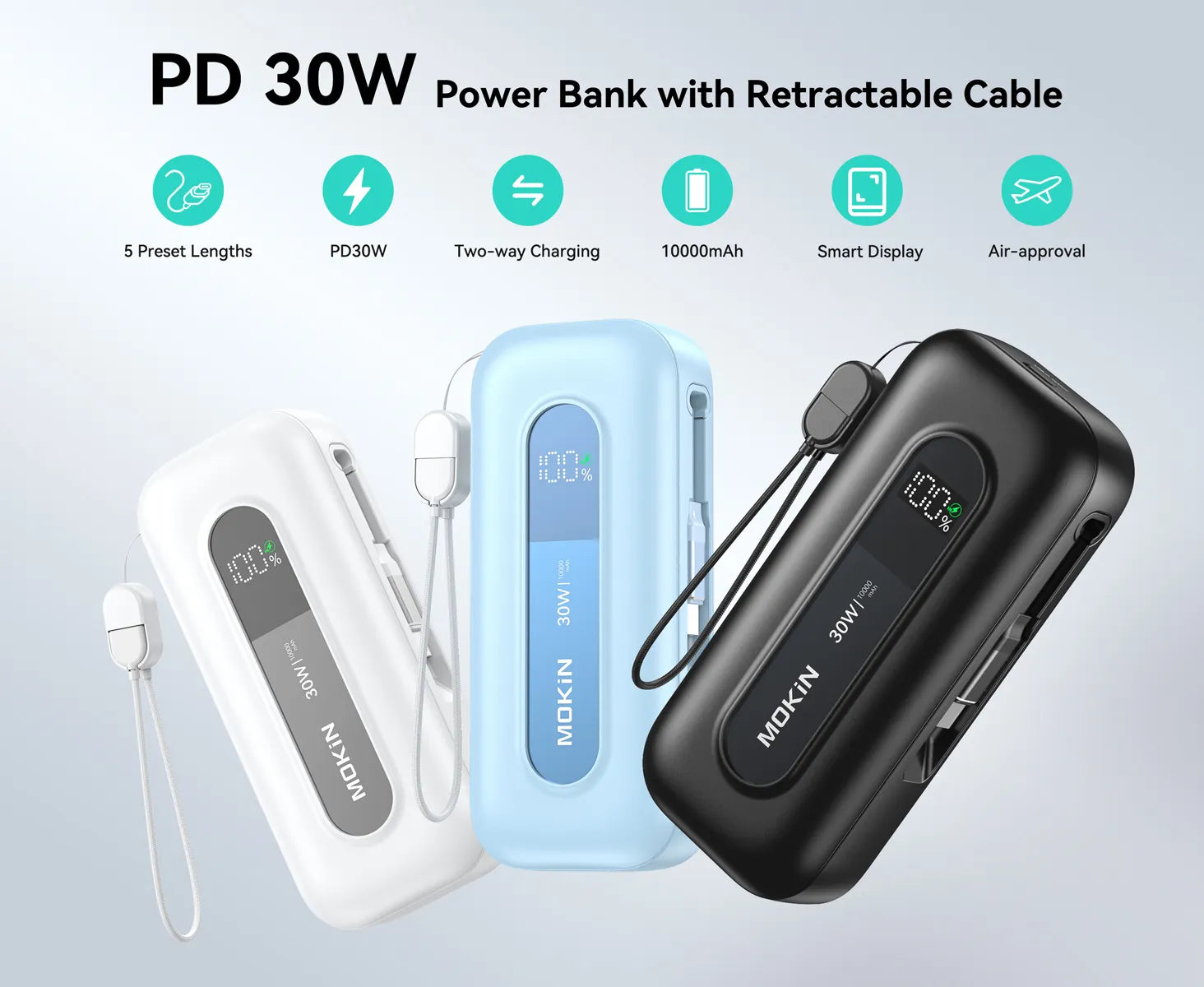 MOKiN PD 30W Power Bank with Retractable Cable