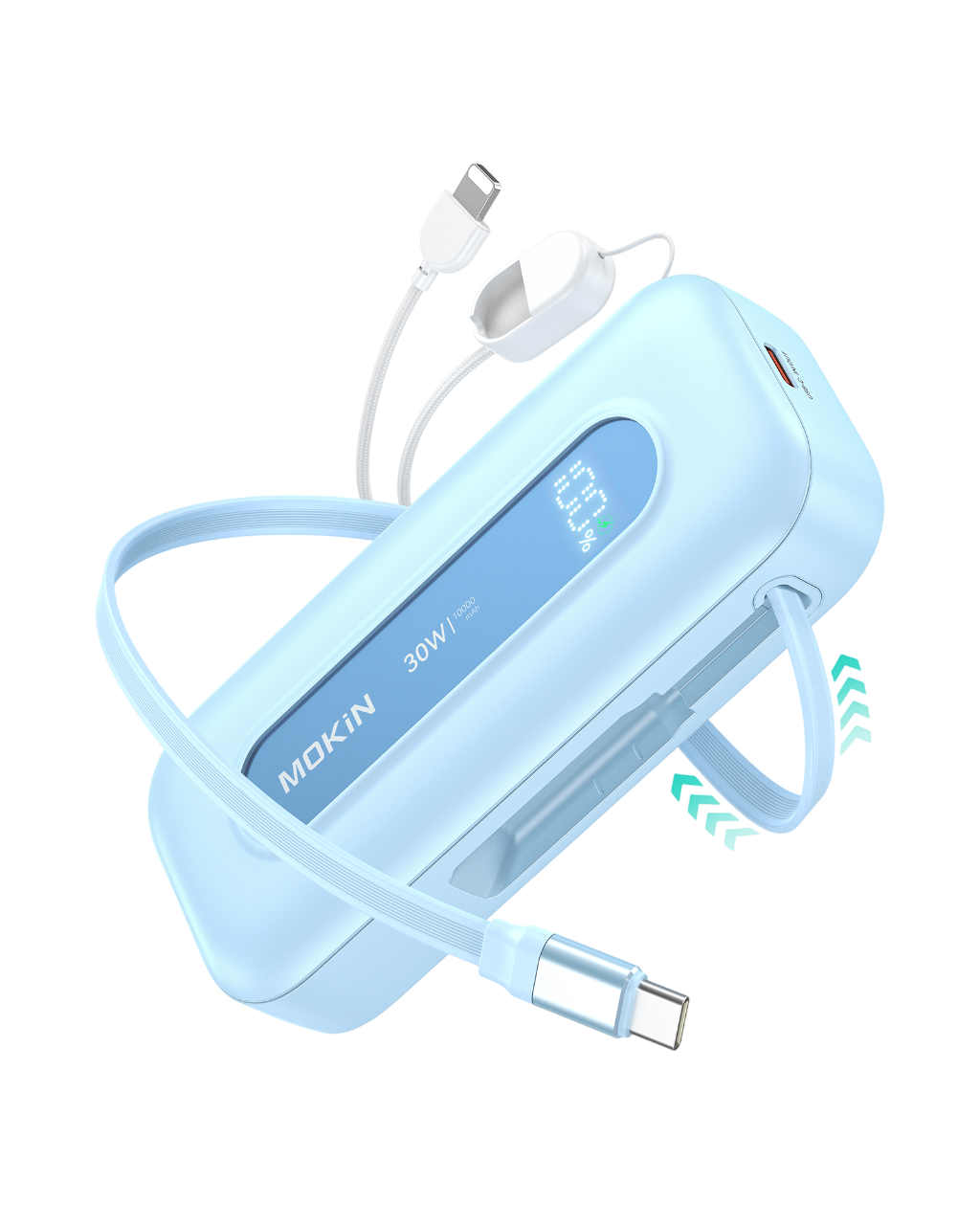 MOKiN 30W Portable Power Bank with 24 inch Retractable USB C Cables(10000mAh)