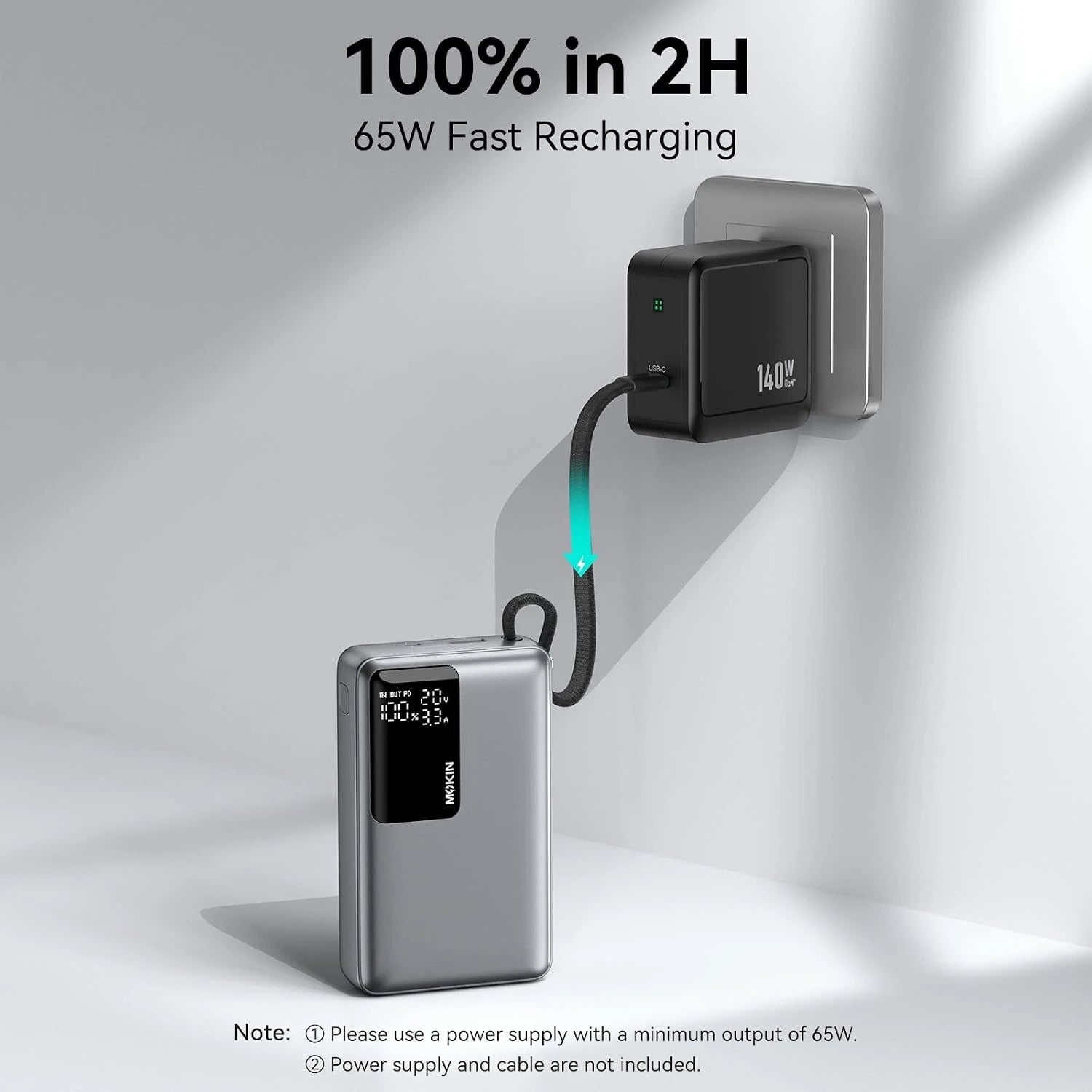 MOKiN 20000mAh 65W Power Bank with USB-C Cable & Smart Display Screen