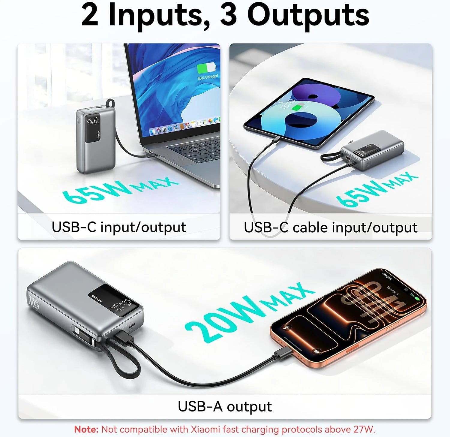 MOKiN 20000mAh 65W Power Bank with USB-C Cable & Smart Display Screen