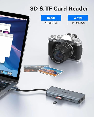 MOKiN USB-C card reader with SD and TF slots, compact silver adapter