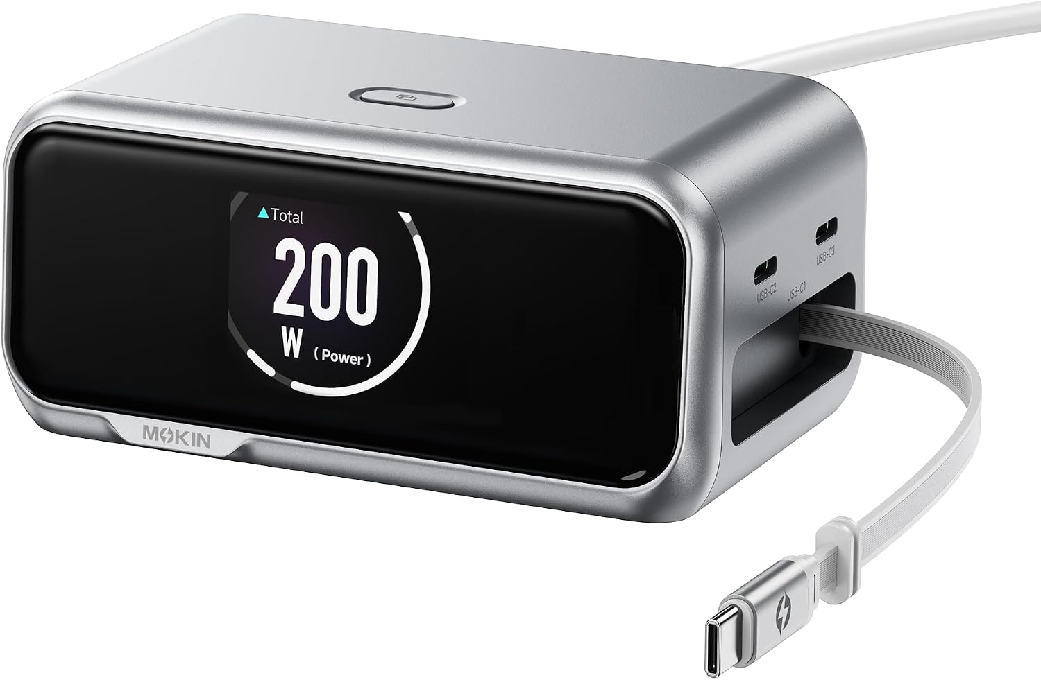 MOKiN 200W GaN Charger 6-Port with LCD Display and Retractable USB-C Cable