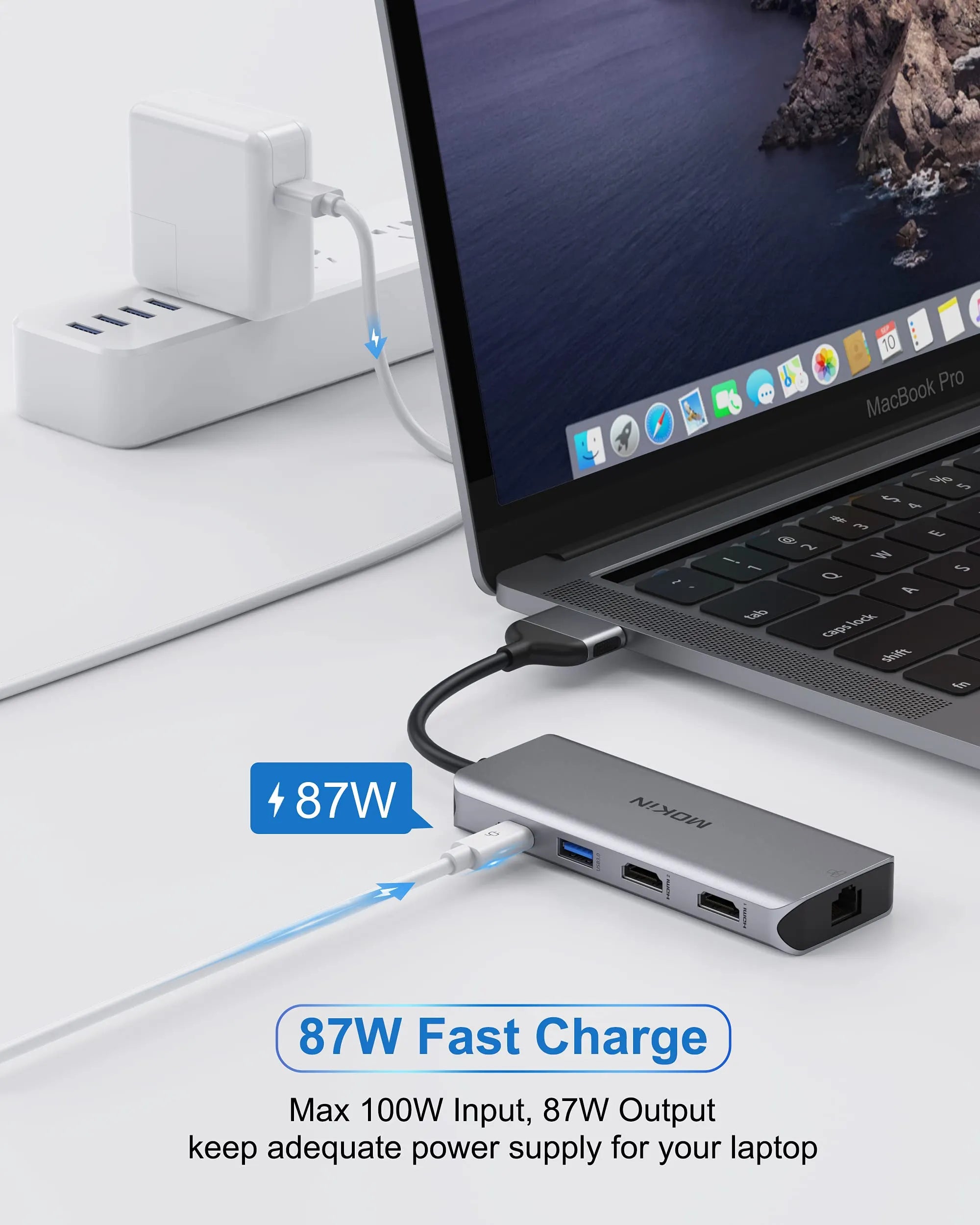 Silver 9-in-2 USB-C docking station with dual HDMI, Gigabit Ethernet, SD/TF slots and USB-C PD