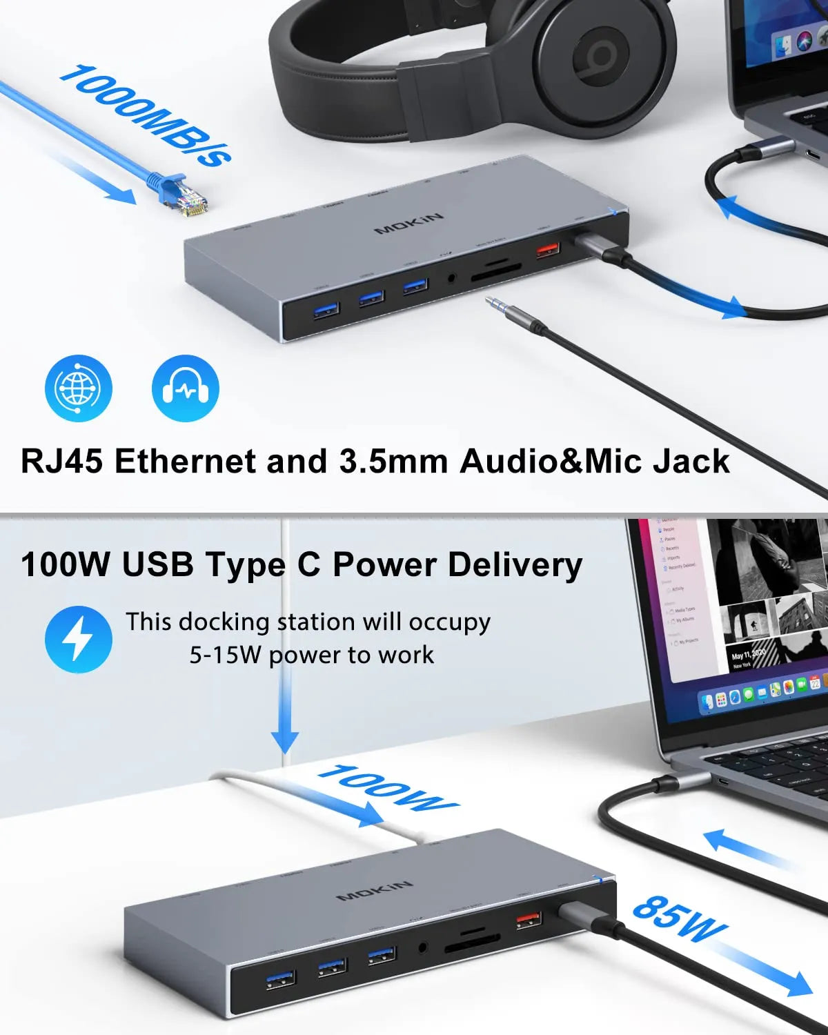 MOKiN 15 IN 1 USB C Docking Station 3 Monitors With 2 HDMI