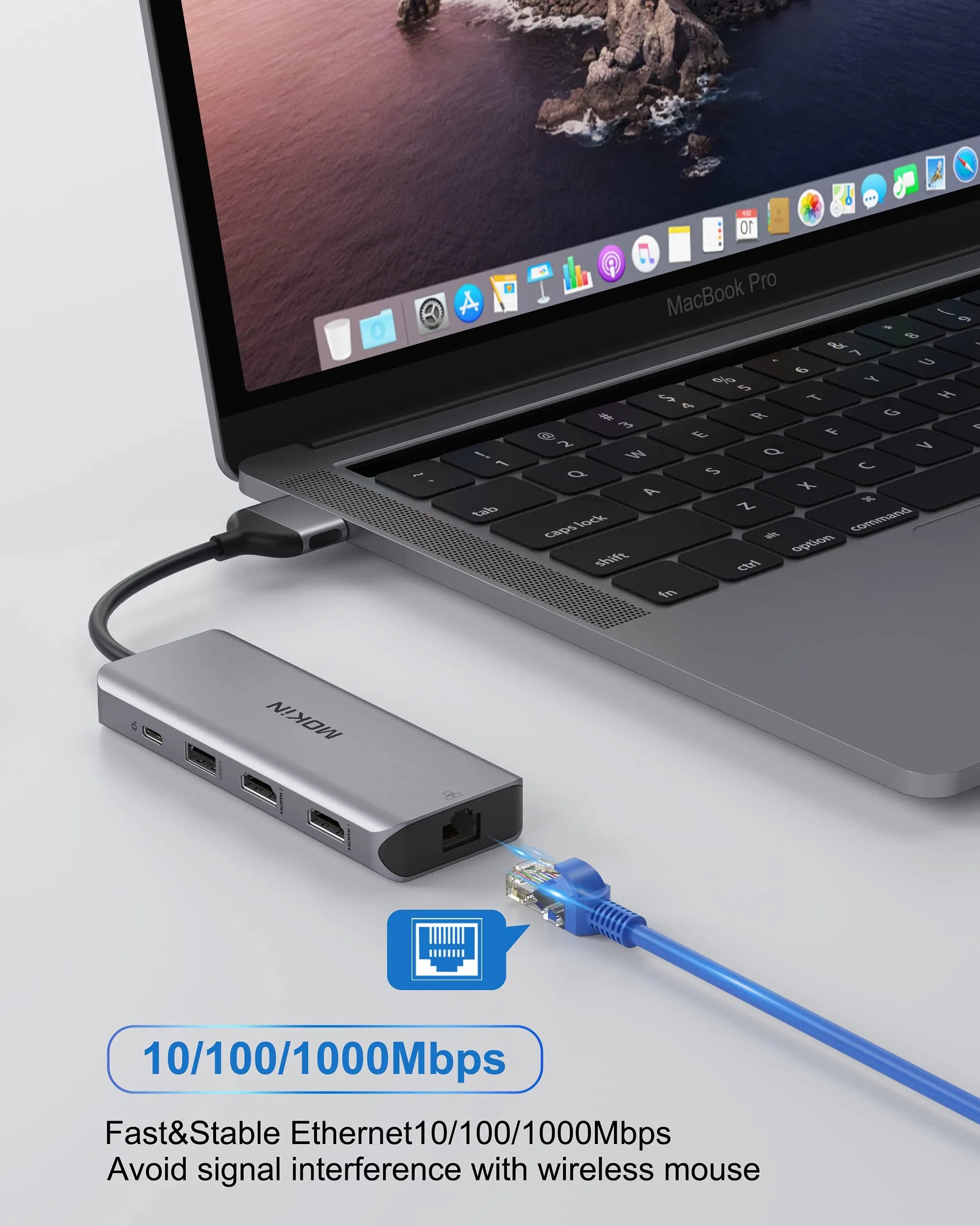 Gray USB-C MacBook Pro docking station with dual HDMI, USB, SD/TF and Ethernet ports